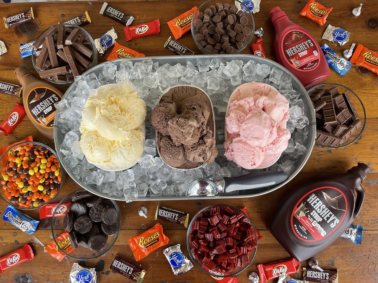 Full view of DIY sundae bar, top down