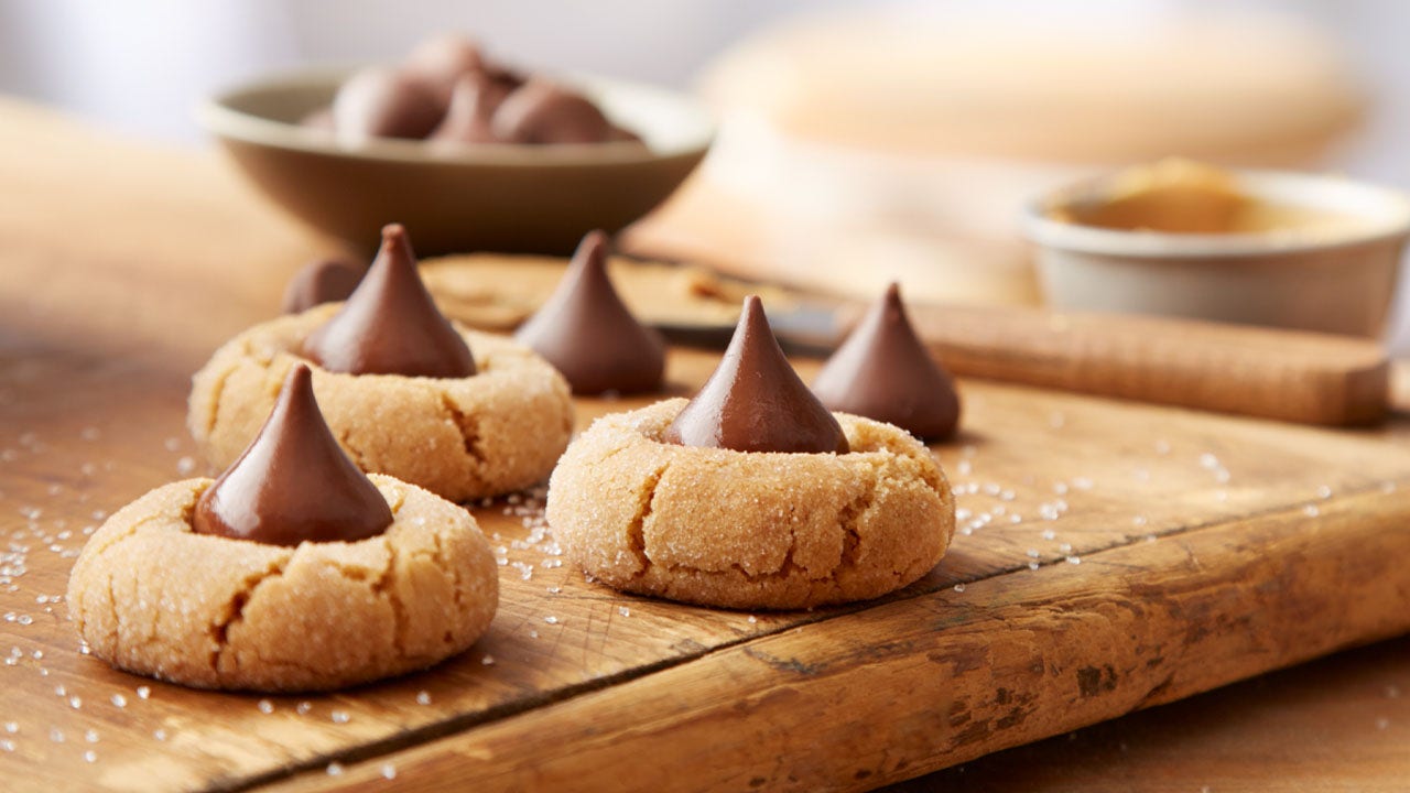 tray of hersheys kisses peanut butter blossoms