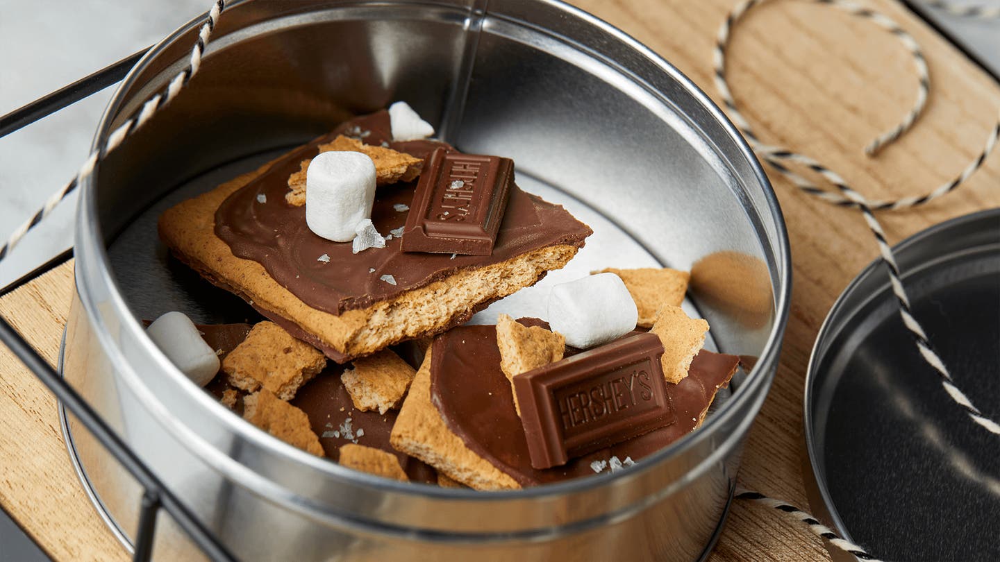 sea salt smores bark inside metal tin