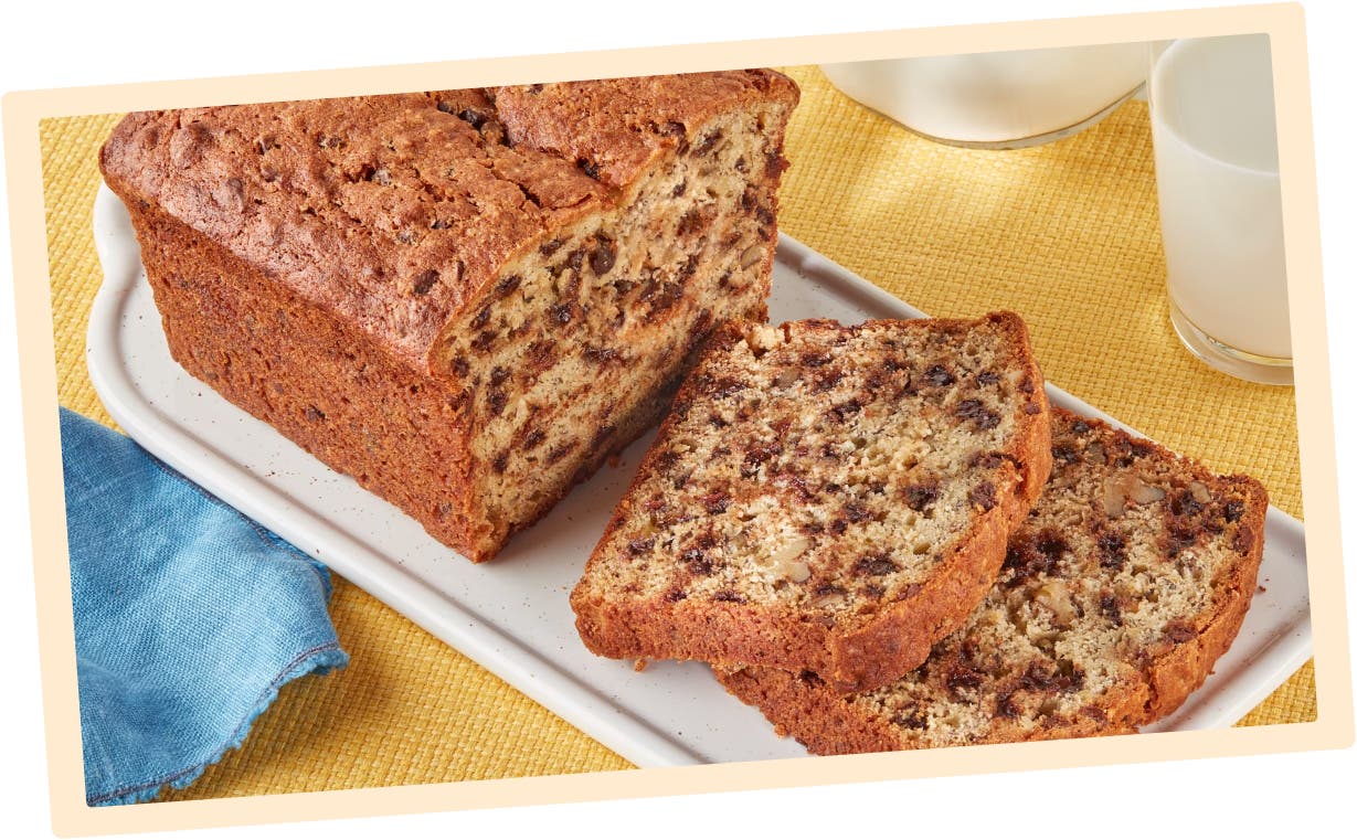 freshly baked and sliced loaf of hersheys chocolate chip banana bread