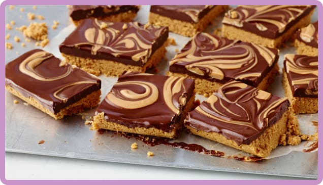 tray of no bake chocolate peanut butter bars